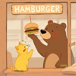 Inside the hamburger shop, a cheerful brown bear holds out a delicious, fragrant hamburger to a cute little yellow cat, who looks eagerly up at the bear
