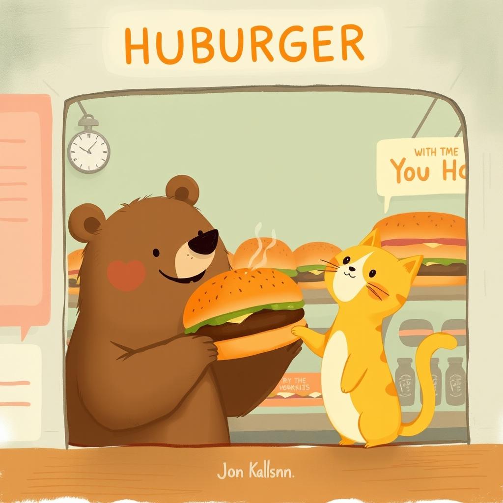 Inside the hamburger shop, a cheerful brown bear holds out a delicious, fragrant hamburger to a cute little yellow cat, who looks eagerly up at the bear