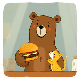 Inside the hamburger shop, a cheerful brown bear holds out a delicious, fragrant hamburger to a cute little yellow cat, who looks eagerly up at the bear