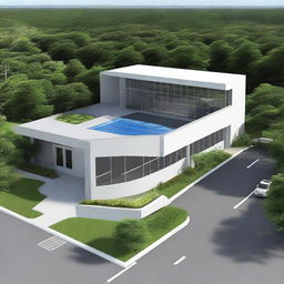 Create an image of a modern, simple, and approximately 5200 sqft Guyana Marketing Corporation Processing & Packaging Facility, with a visually appealing entranceway. Implement features like large glass windows, an inviting entrance, and attractive landscaping.