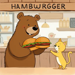 In a charming hamburger shop, a smiling brown bear is holding a delicious hamburger and is handing it to a cute little yellow cat