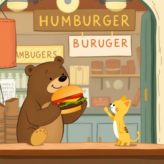 In a charming hamburger shop, a smiling brown bear is holding a delicious hamburger and is handing it to a cute little yellow cat