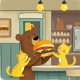 In a charming hamburger shop, a smiling brown bear is holding a delicious hamburger and is handing it to a cute little yellow cat