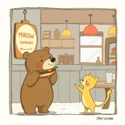 In a charming hamburger shop, a smiling brown bear is holding a delicious hamburger and is handing it to a cute little yellow cat