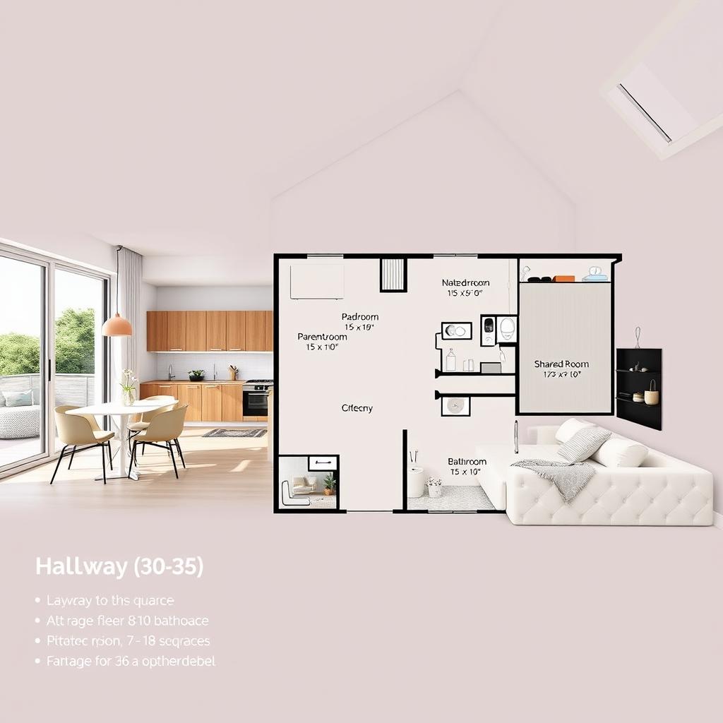 A beautifully designed modern home layout featuring a spacious and bright living room of 30-35 square meters, connected to a balcony