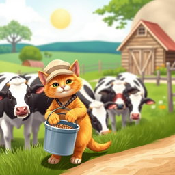 A cute orange cat working on a farm, wearing a small farmer's hat and holding a bucket of food while feeding content cows