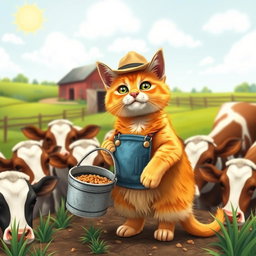A cute orange cat working on a farm, wearing a small farmer's hat and holding a bucket of food while feeding content cows