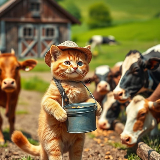 A cute orange cat working on a farm, wearing a small farmer's hat and holding a bucket of food while feeding content cows