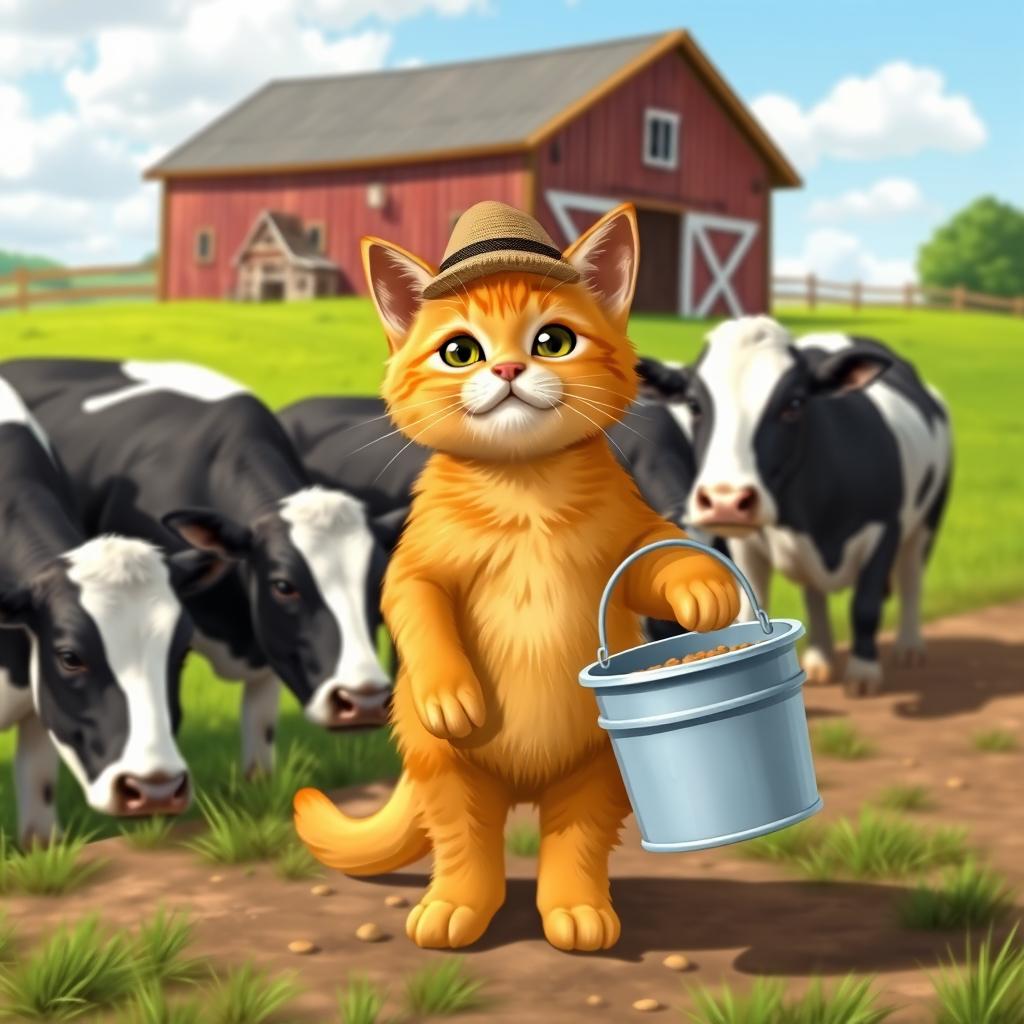 A cute orange cat working on a farm, wearing a small farmer's hat and holding a bucket of food while feeding content cows