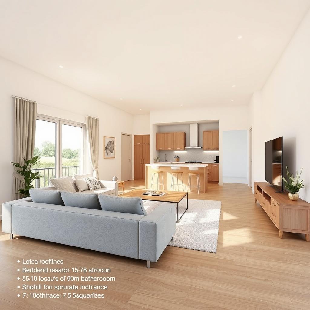 A spacious and well-lit living room and lounge area of 30-35 square meters, connected to a balcony at the end of the house