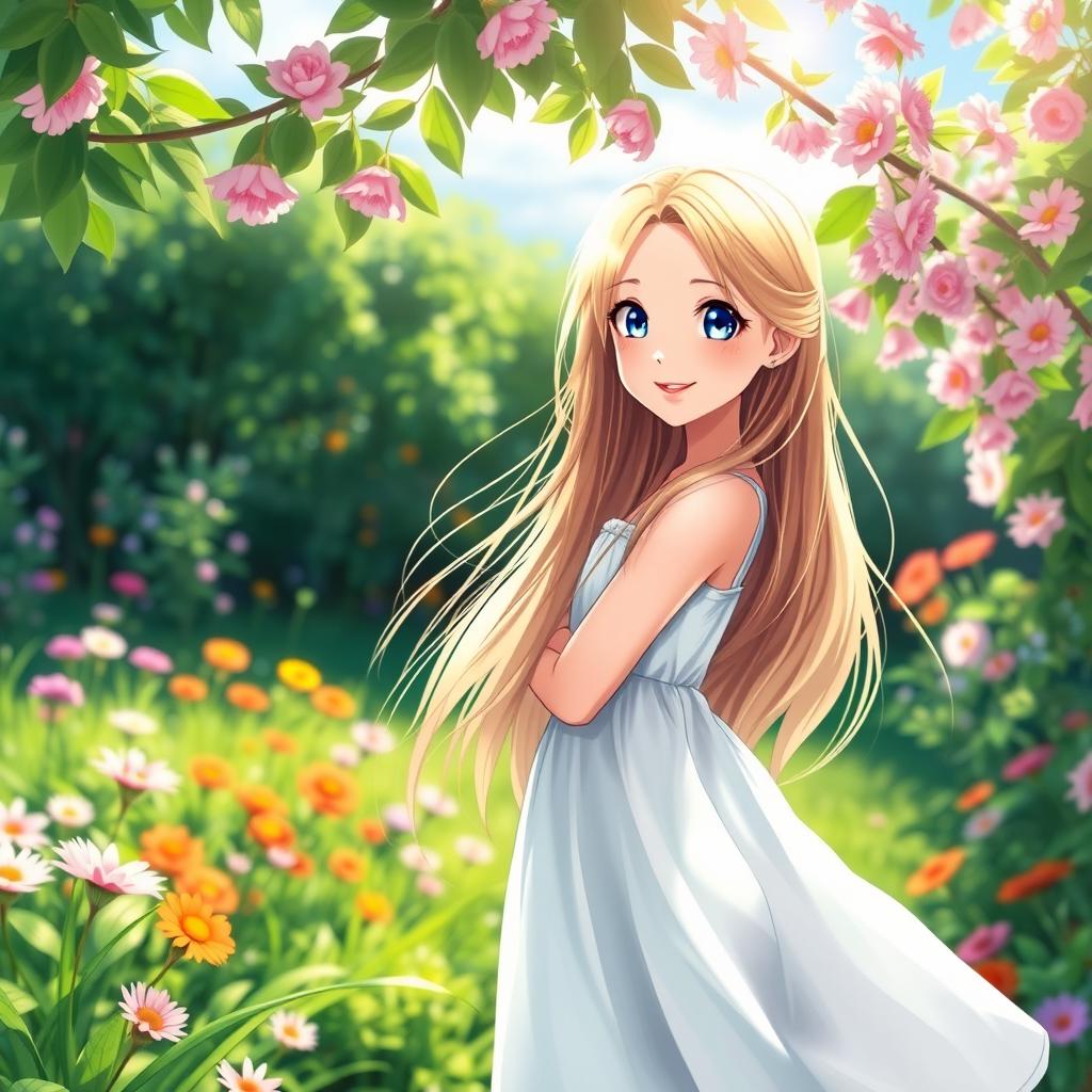 A beautiful girl with long flowing hair, bright blue eyes, and a radiant smile, standing in a lush green garden surrounded by blooming flowers