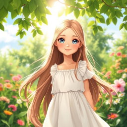 A beautiful girl with long flowing hair, bright blue eyes, and a radiant smile, standing in a lush green garden surrounded by blooming flowers