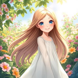 A beautiful girl with long flowing hair, bright blue eyes, and a radiant smile, standing in a lush green garden surrounded by blooming flowers