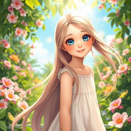 A beautiful girl with long flowing hair, bright blue eyes, and a radiant smile, standing in a lush green garden surrounded by blooming flowers