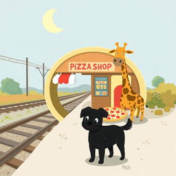 Beside the railroad tracks, in a crescent moon-shaped train station, there is a pizza shop