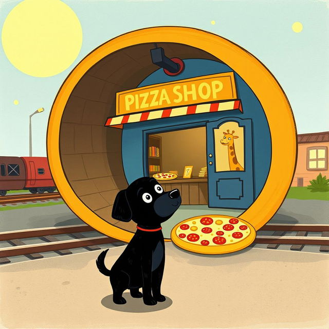 Beside the railroad tracks, in a crescent moon-shaped train station, there is a pizza shop