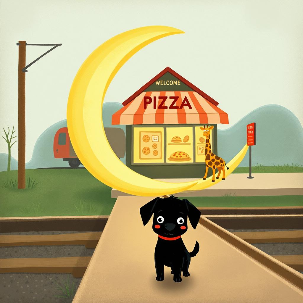 Beside the railroad tracks, in a crescent moon-shaped train station, there is a pizza shop
