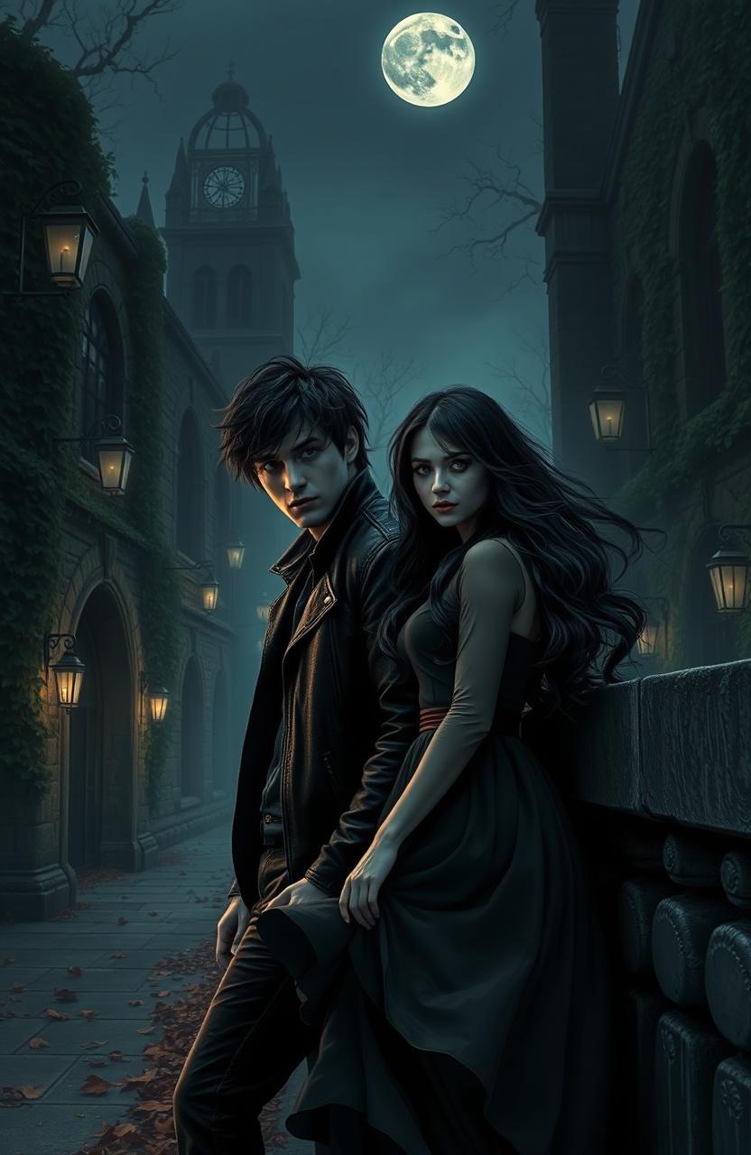 A dark college romance scene set in an eerie, atmospheric university campus during twilight
