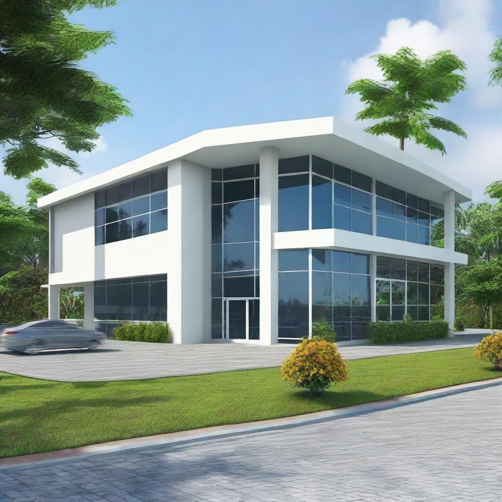 Create an image of a modern, simple, and approximately 5200 sqft Guyana Marketing Corporation Processing & Packaging Facility, with a visually appealing entranceway. Implement features like large glass windows, an inviting entrance, and attractive landscaping.