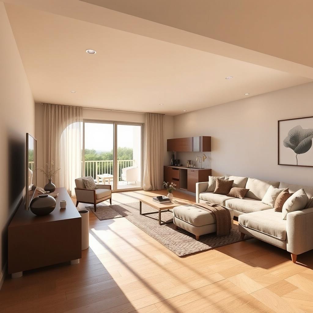 A spacious and bright living room with an area of 30-35 square meters, connecting to a balcony at the end of the house