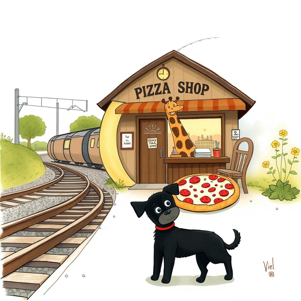 Beside the railroad tracks, within a crescent moon-shaped train station, there is a charming pizza shop