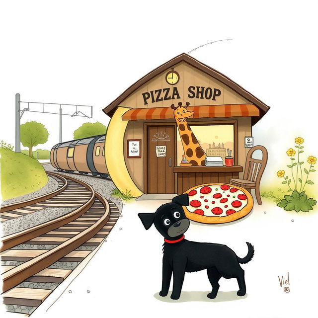 Beside the railroad tracks, within a crescent moon-shaped train station, there is a charming pizza shop