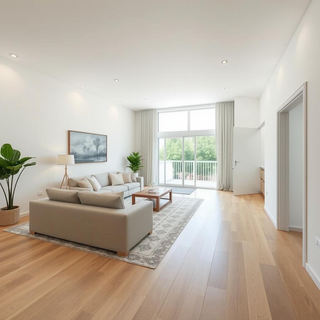 A spacious and bright living room with an area of 30-35 square meters, designed to be well-lit and inviting, potentially connecting to a balcony at the end of the house