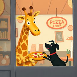 Inside a delightful pizza shop, a smiling giraffe is holding a delicious pizza and handing it over to a cute little black dog