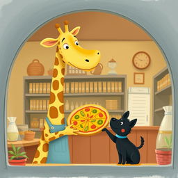 Inside a delightful pizza shop, a smiling giraffe is holding a delicious pizza and handing it over to a cute little black dog