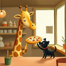 Inside a delightful pizza shop, a smiling giraffe is holding a delicious pizza and handing it over to a cute little black dog