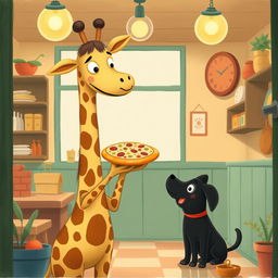 Inside a delightful pizza shop, a smiling giraffe is holding a delicious pizza and handing it over to a cute little black dog