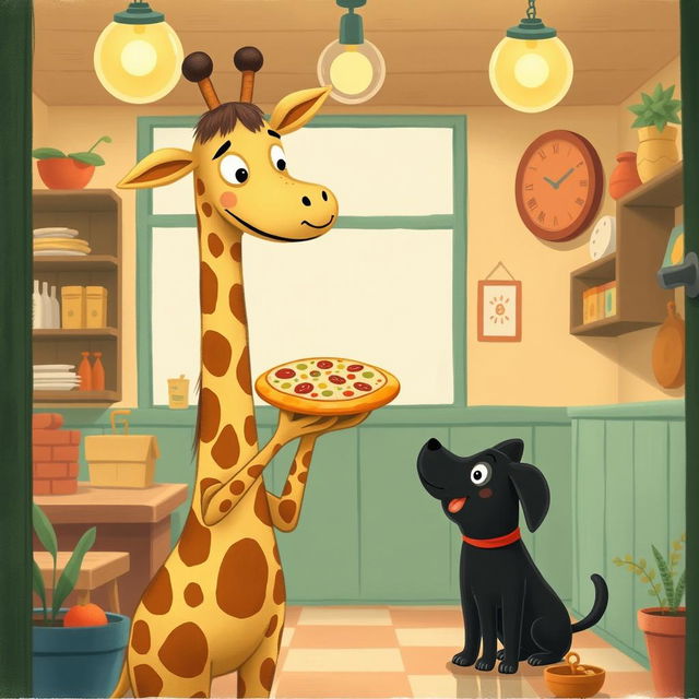 Inside a delightful pizza shop, a smiling giraffe is holding a delicious pizza and handing it over to a cute little black dog