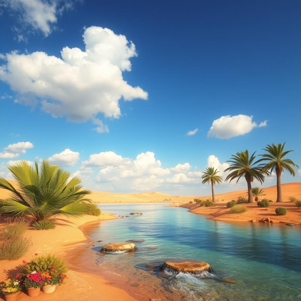 A serene and peaceful landscape depicting a tranquil oasis in the desert, symbolizing safety and salvation