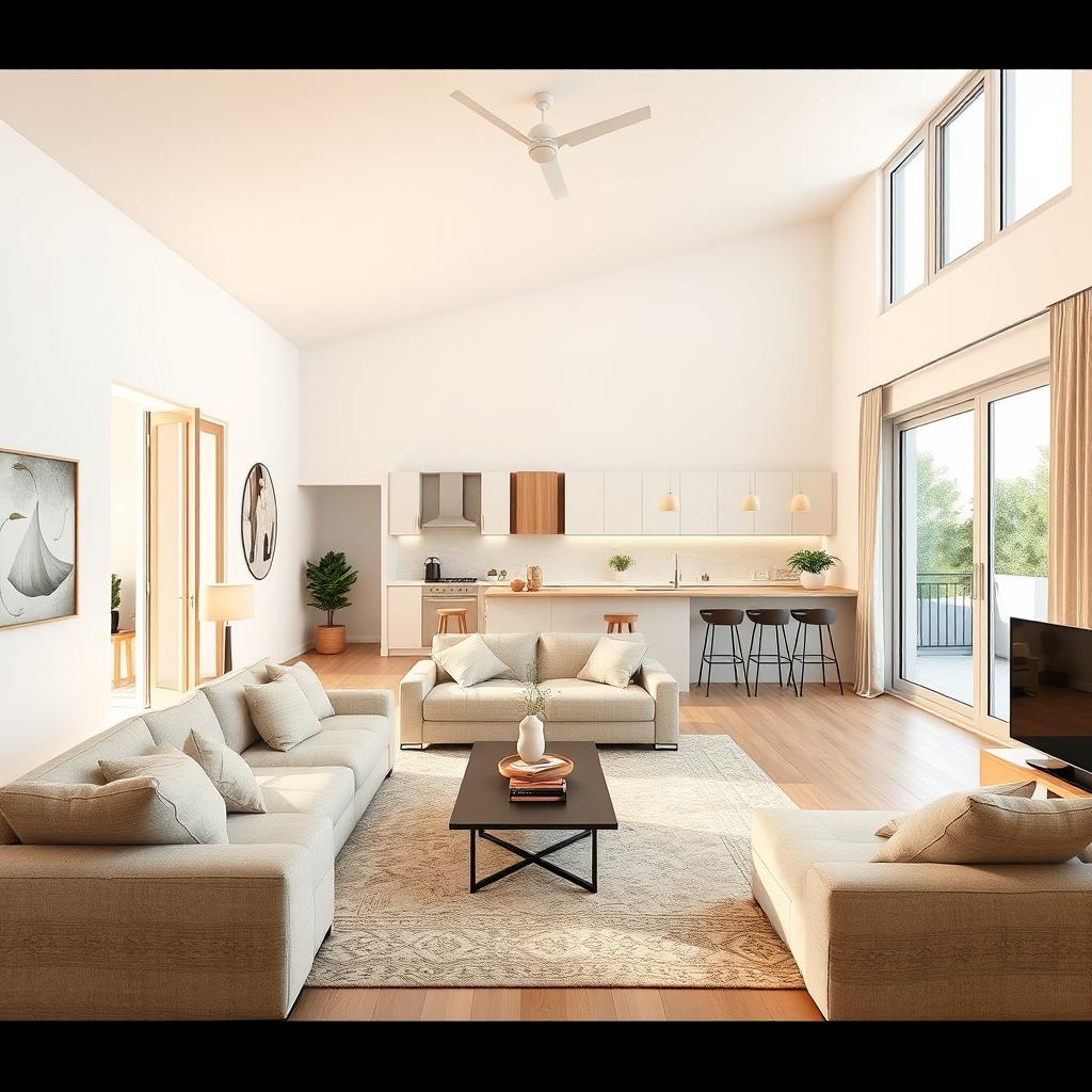 A spacious and well-lit living room and sitting area, covering 30-35 square meters, designed to be large and airy, potentially connecting to a balcony positioned at the end of the house