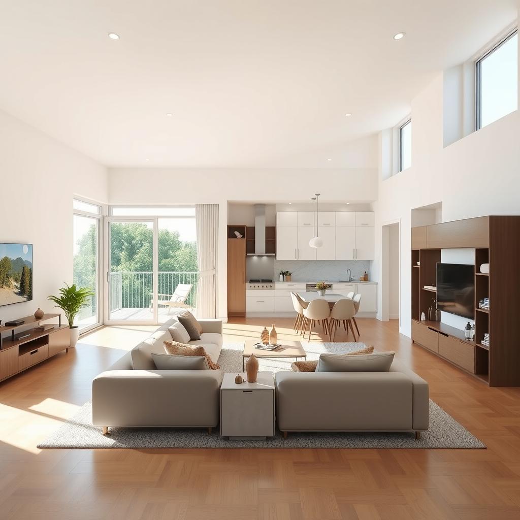A spacious and bright living room and sitting area measuring 30-35 square meters, with large windows allowing ample natural light, seamlessly connected to a balcony at the back of the house