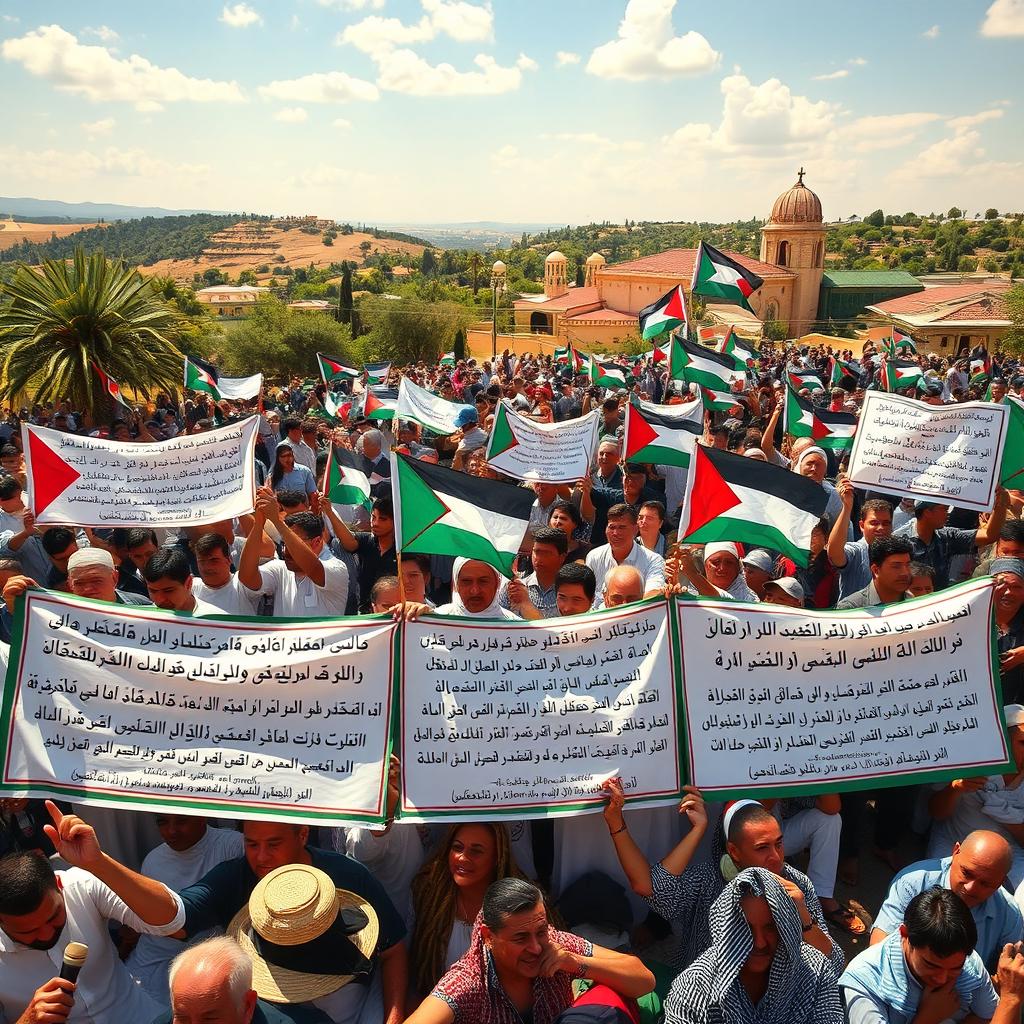 A powerful and inspirational scene depicting a large gathering of Palestinian people celebrating their unity and resilience