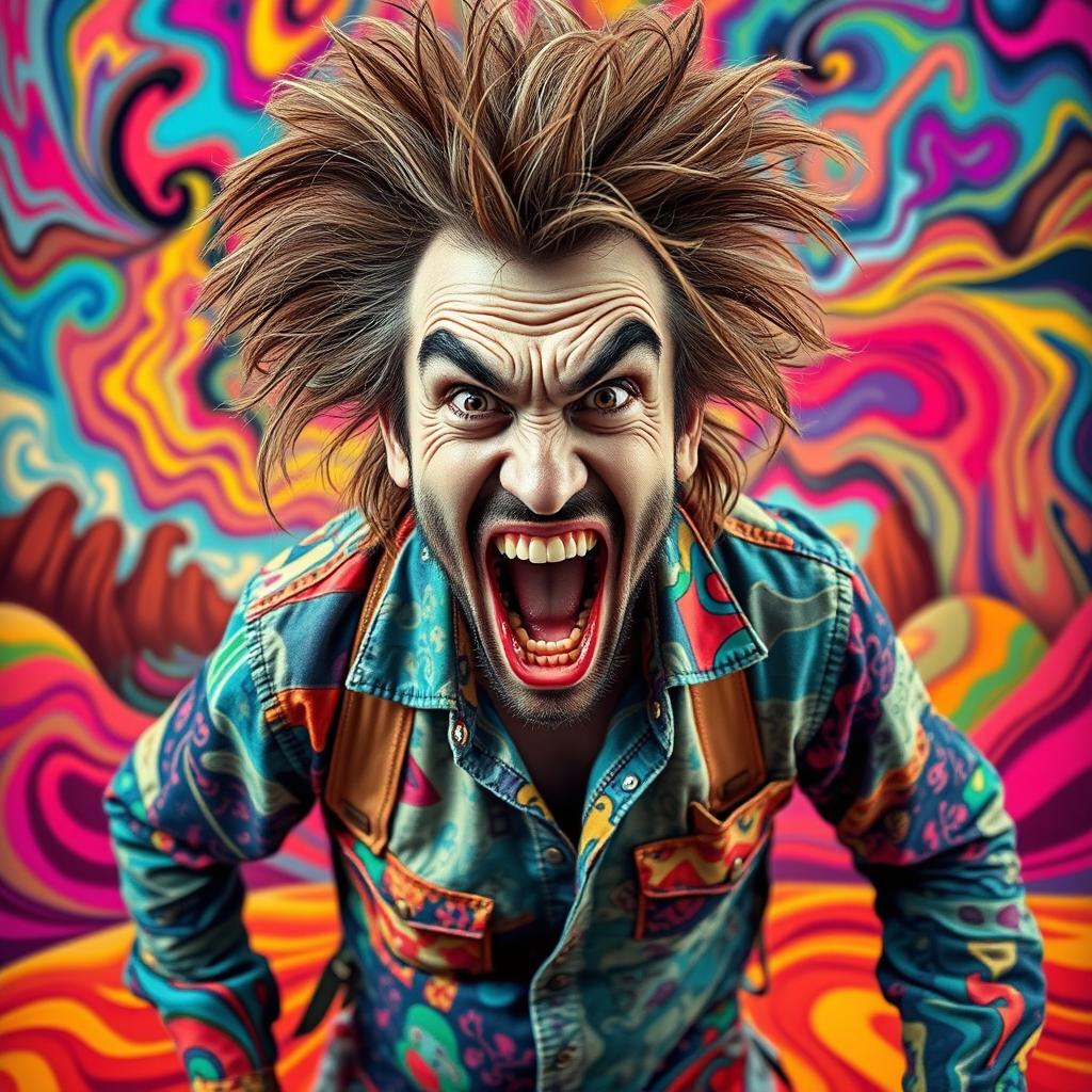 A chaotic and eccentric man with wild hair, exaggerated facial features, and an erratic expression