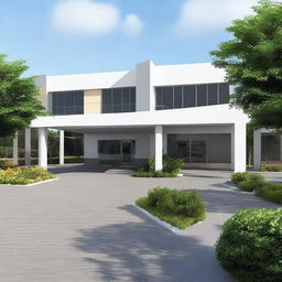 Create an image of a modern, simple, and approximately 5200 sqft Guyana Marketing Corporation Processing & Packaging Facility, with a visually appealing entranceway. Implement features like large glass windows, an inviting entrance, and attractive landscaping.