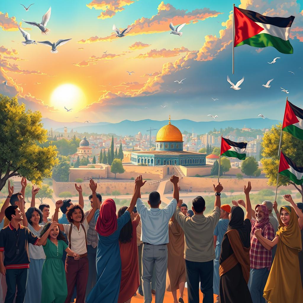 A powerful and emotional illustration capturing themes of divine intervention and victory in Palestine
