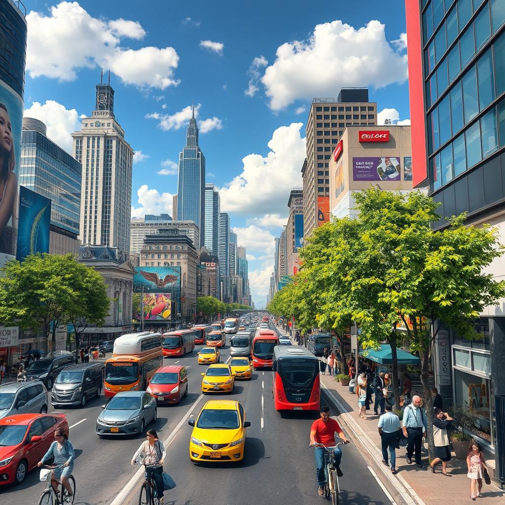 A dynamic urban scene depicting a bustling city road filled with various vehicles including cars, buses, and bicycles