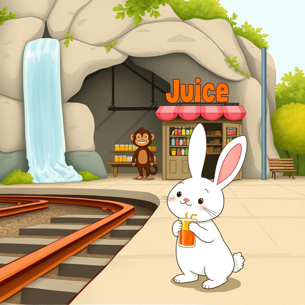 Next to the railroad tracks, at a waterfall cave-themed train station, there is a vibrant juice shop