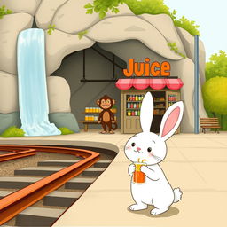 Next to the railroad tracks, at a waterfall cave-themed train station, there is a vibrant juice shop