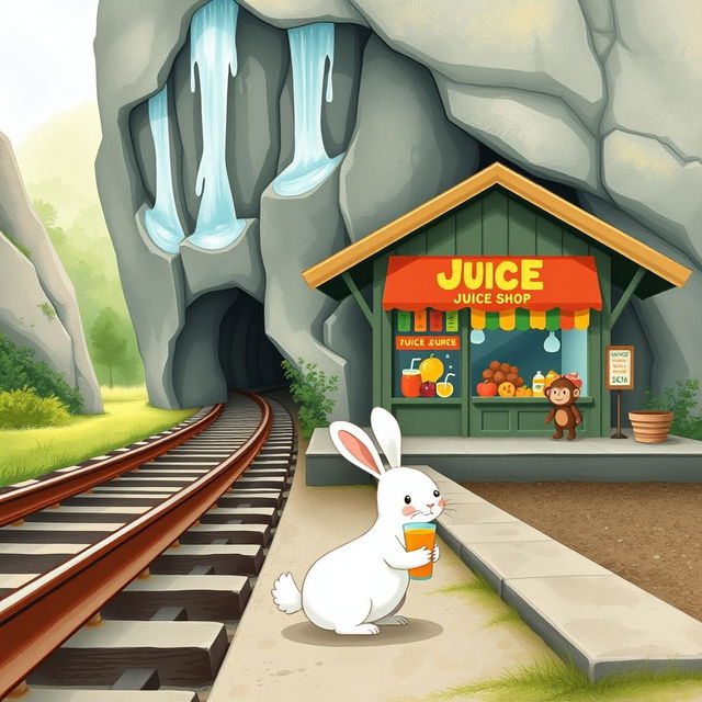 Next to the railroad tracks, at a waterfall cave-themed train station, there is a vibrant juice shop
