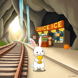 Next to the railroad tracks, at a waterfall cave-themed train station, there is a vibrant juice shop