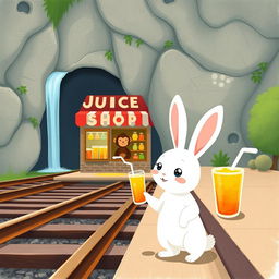 Next to the railroad tracks, at a waterfall cave-themed train station, there is a vibrant juice shop