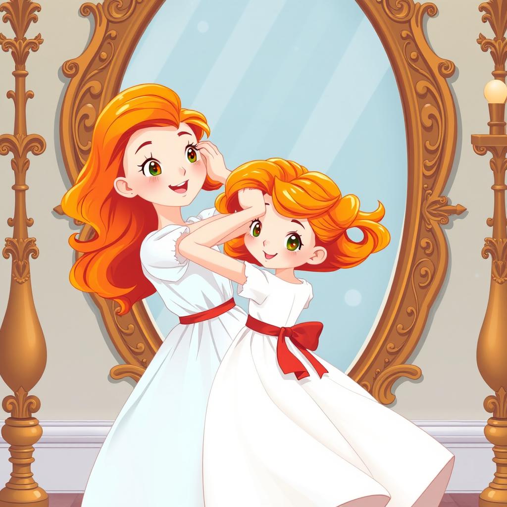 A 10-year-old girl with vibrant orange hair styled in playful waves, wearing a flowing white dress adorned with a red ribbon around her waist