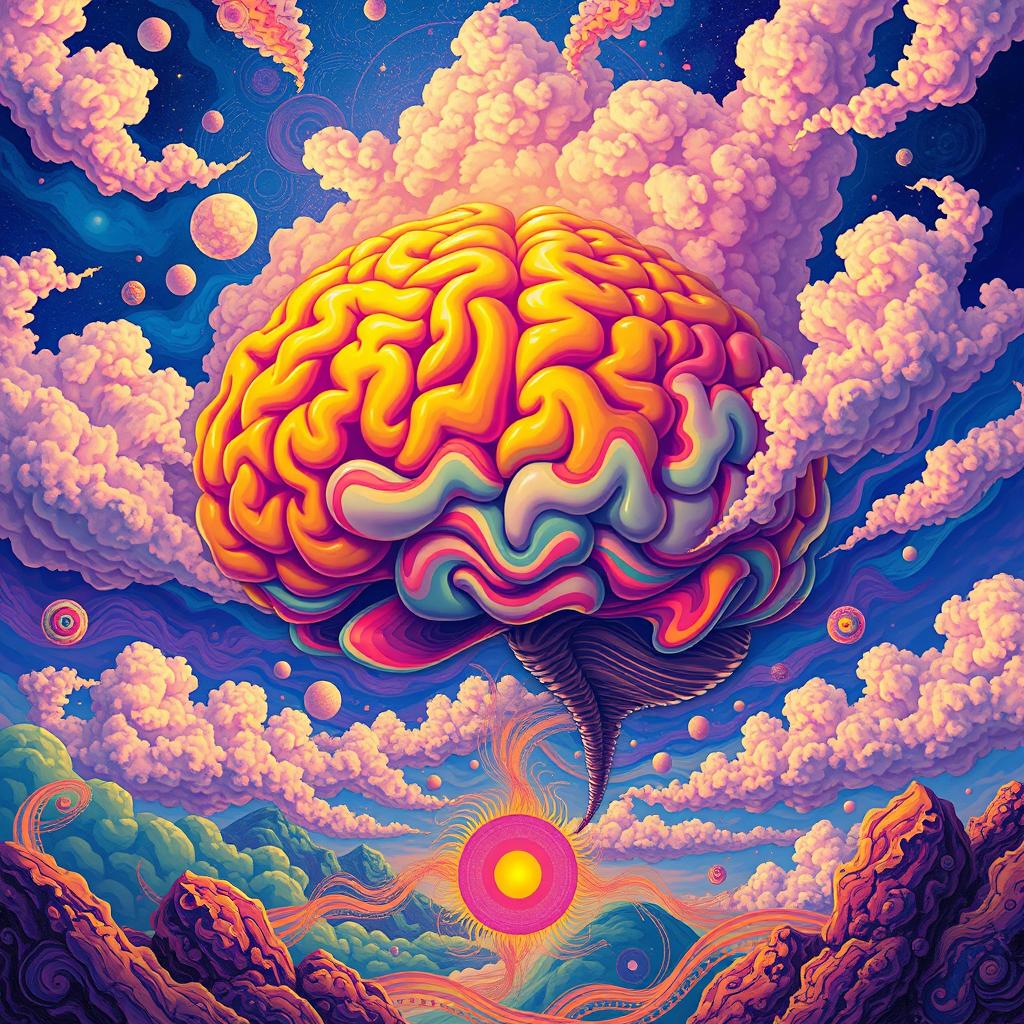 A vibrant, psychedelic interpretation of a vast brain expanding beyond the limits of the sky