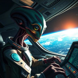 A realistic portrayal of an alien commanding its spaceship, with intricate control panels and glowing interfaces