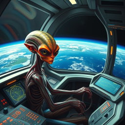 A realistic portrayal of an alien commanding its spaceship, with intricate control panels and glowing interfaces