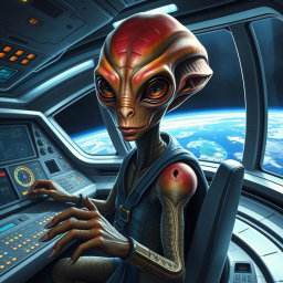 A realistic portrayal of an alien commanding its spaceship, with intricate control panels and glowing interfaces